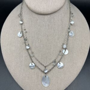 Express Mother of Pearl Layered Necklace Silver Tone Shell Disc Cats Eye Glass